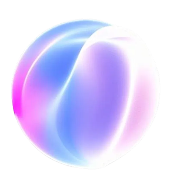 Abstract spherical graphic with gradient colors of blue, pink, and white, representing AI and technology themes relevant to ORO AI's Help Me tool.